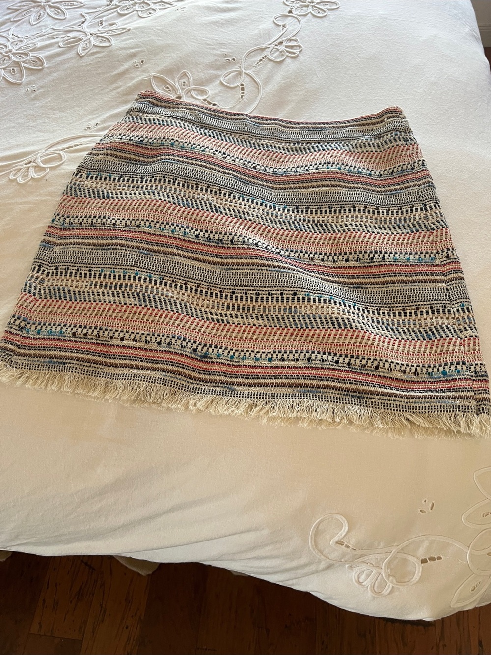 LOFT Cream, Pink & Blue Striped Fringe-Hem Mini Skirt